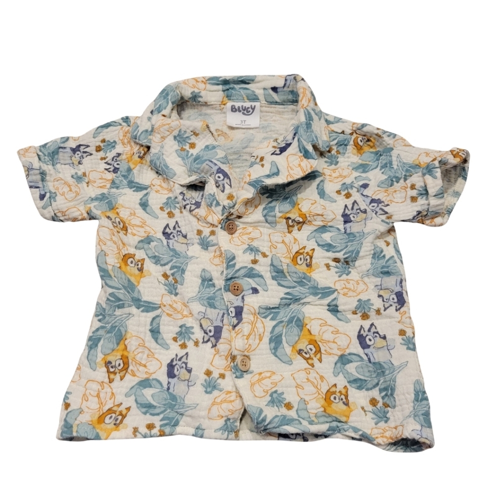 BLUEY Boys Bluey and Bingo Tropical Print Gauze Button Up Shirt 3T